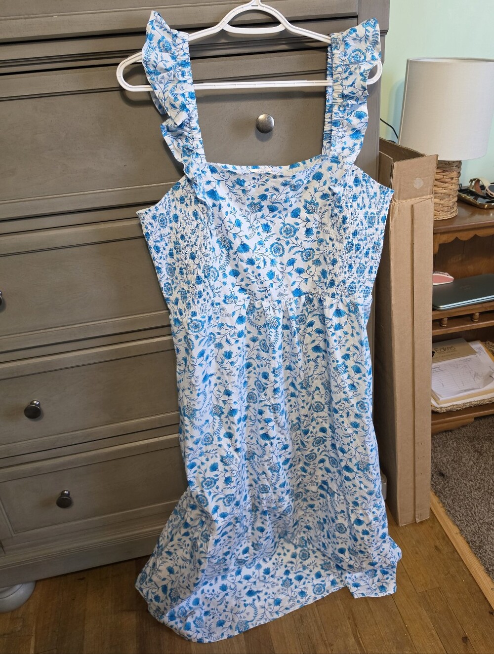 Draper James Blue & White Floral Ruffle-Shoulder Sundress